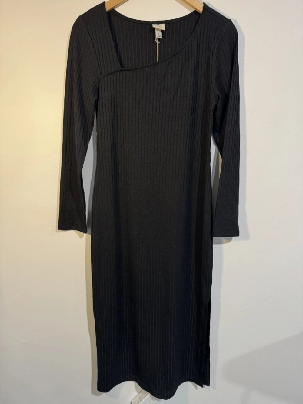 A New Day Women's Black Ribbed Asymmetric Neck Midi Dress S NWT